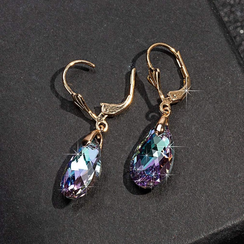 EVEVIC Austrian Crystal Teardrop Leverback Dangle Earrings for Women Fashion 14K Gold Plated Hypoallergenic Jewelry (Vitrail Light) - Image 5